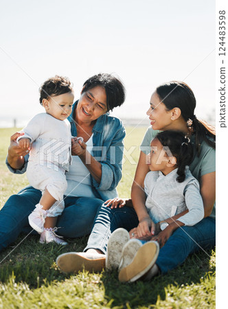 Family, love and park, women and children outdoor on a field of grass, picnic and quality time together in the sun. Mother, grandmother and girl with baby, generations have fun in nature and bonding. Family, love and park, women and children outdoor on a field of grass, picnic and quality time together in the sun. Mother, grandmother and girl with baby, generations have fun in nature and bonding. 124483598