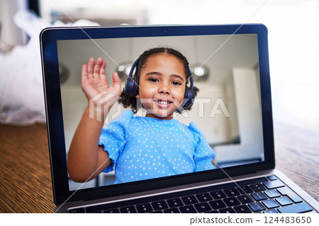 Video call, laptop and communication with girl with headphone online. Happy child, wave and smile on screen of video conference or webinar in Brazil with tech, internet and remote elearning for kids Video call, laptop and communication with girl with headphone online. Happy child, wave and smile on screen of video conference or webinar in Brazil with tech, internet and remote elearning for kids 124483650