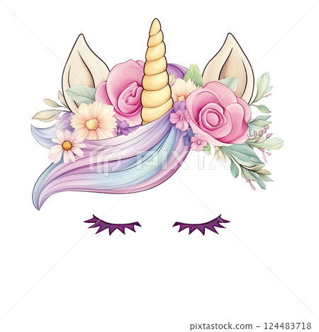 Cute Unicorn with Floral Crown and Closed Eyes Unicorn head with face. PNG t shirt kids design. This is AI-generated item 124483718