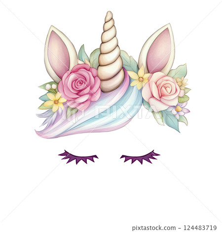 Cute Unicorn with Floral Crown and Closed Eyes Unicorn head with face. PNG t shirt kids design. This is AI-generated item 124483719