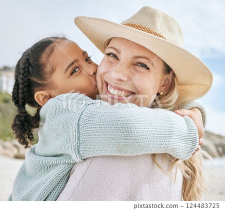 Beach, holiday and girl kiss mom on her cheek hugging, embrace and holding each other. Love, affection and portrait of mother and child bonding on family vacation by the sea, enjoying summer together Beach, holiday and girl kiss mom on her cheek hugging, embrace and holding each other. Love, affection and portrait of mother and child bonding on family vacation by the sea, enjoying summer together 124483725