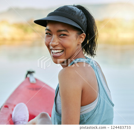 Kayak, nature and happy black woman relax on the water, boat and outdoor. Portrait of a person from New York smile on a fitness, workout experience and exercise trip with happiness in summer smiling 124483733