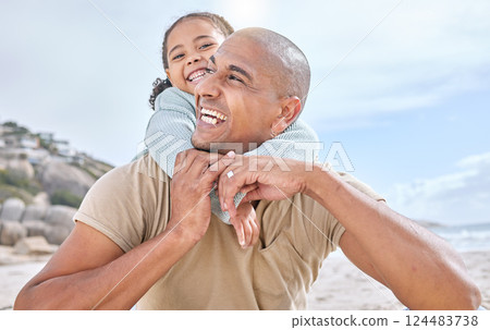 Happy family hug, beach and dad and child having fun, bonding and enjoy quality outdoor time together on Mexico vacation. Happiness, holiday freedom and father support, love and piggyback girl 124483738