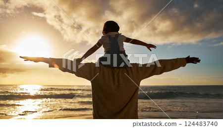 Father child and shoulders flying on the beach in the sunset together for family bonding in the outdoors. Dad with kid pretend to fly on piggyback fun for relationship, love and care in nature Father child and shoulders flying on the beach in the sunset together for family bonding in the outdoors. Dad with kid pretend to fly on piggyback fun for relationship, love and care in nature 124483740