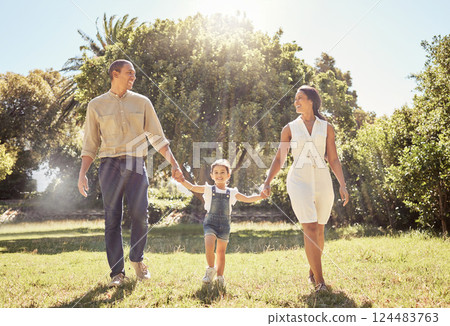 Portrait of happy family, park and walk holding hands bonding together on summer vacation outdoors. Fun mother, relax father and excited young child walking enjoying time or nature adventure activity 124483763