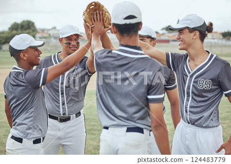Baseball player men hands connect for teamwork, motivation and mission on sports field. Group of people, community or athlete male standing together for competition with sunshine lens flare outdoor 124483779