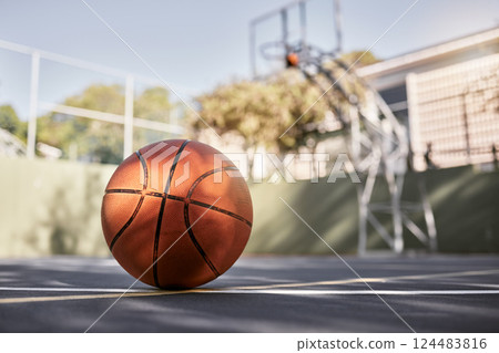 Basketball court, ball and sports match or competition game for fitness, exercise and training in New York. Ball sports, floor and urban community playground for wellness and outdoor sport fun 124483816
