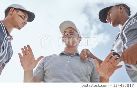 Coach of team in baseball, talking strategy to men before game or match. Trainer of sports softball group in huddle, talk and teamwork support, plan and trust for winning sport competition or game Coach of team in baseball, talking strategy to men before game or match. Trainer of sports softball group in huddle, talk and teamwork support, plan and trust for winning sport competition or game 124483817