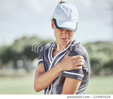 Athlete woman, arm injury and pain during fitness exercise or sports training outdoors on field. Young injured girl hold pain area, muscle tension or workout accident emergency on arms in nature 124483829