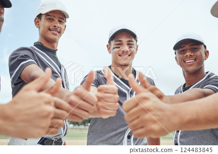 Baseball, sports men and thumbs up success in fitness workout motivation, training trust and exercise community support. Team, friends and smile with winner goals or target hand sign on sports field 124483845