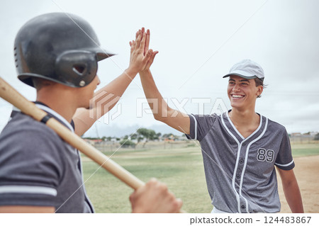 Baseball player, high five and team motivation for sport match, game or competition with success gesture to celebrate win. Happy team, winning and teamwork with men friends training on softball field Baseball player, high five and team motivation for sport match, game or competition with success gesture to celebrate win. Happy team, winning and teamwork with men friends training on softball field 124483867