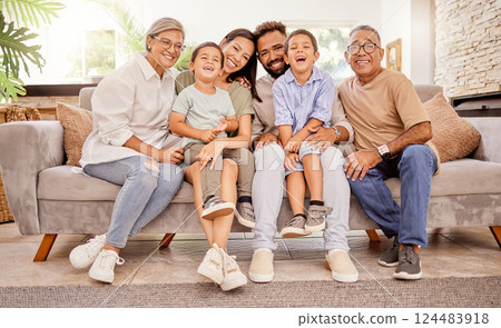 Big family, happy and home living room sofa of a mother, parents and children together with a smile. Portrait of kids, father and elderly people with happiness about love and care on a lounge couch Big family, happy and home living room sofa of a mother, parents and children together with a smile. Portrait of kids, father and elderly people with happiness about love and care on a lounge couch 124483918
