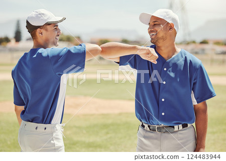 Sports, baseball and collaboration of team friends for game, competition or practice match for exercise, fitness or teamwork. Softball partnership, celebration or athlete men after training workout 124483944