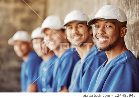 Sports, baseball and team of players in dugout smiling and happy, sitting in row. Smile, teamwork and portrait of professional baseball team relax before competition game or training workout session. 124483945
