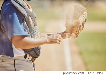 Baseball, sports and man with a ball and glove during training, professional game and competition on the field. Hands of an athlete ready for sport, fitness and cardio in nature, park or pitch Baseball, sports and man with a ball and glove during training, professional game and competition on the field. Hands of an athlete ready for sport, fitness and cardio in nature, park or pitch 124483951