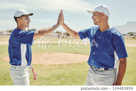 Baseball, winning and high five for success on field for match game at pitch in Boston, USA. Team, friends and black people celebration on baseball field for sports tournament win together. 124483959