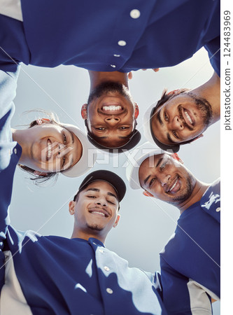 Team huddle, baseball and baseball player, fitness and men, diversity and support, sports game and trust, smile in portrait. Young, strong and athlete, sport training and exercise during active life. Team huddle, baseball and baseball player, fitness and men, diversity and support, sports game and trust, smile in portrait. Young, strong and athlete, sport training and exercise during active life. 124483969