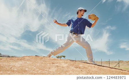 Sports, baseball and pitching with man on field for training, fitness and playing games competition. Health, wellness and action with baseball player and throwing for practice, athlete and exercise 124483971