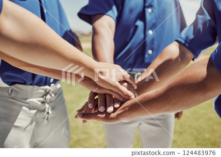 Hands, team and baseball in support, trust and coordination for unity in sports on a field in the outdoors. Hand of people in teamwork piling together in motivation, collaboration or plan to win game Hands, team and baseball in support, trust and coordination for unity in sports on a field in the outdoors. Hand of people in teamwork piling together in motivation, collaboration or plan to win game 124483976