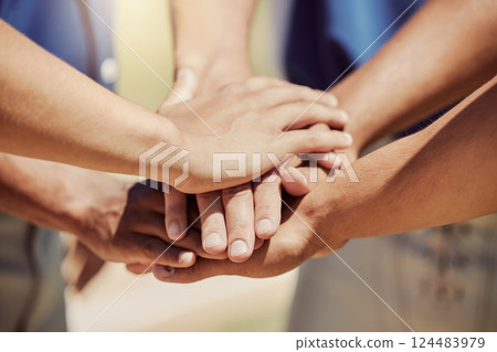 Closeup, hands and stack for sport, outdoor and baseball with group for teamwork, motivation and together. Softball, circle and hand for sports, fitness and focus in goal, team and planning at game Closeup, hands and stack for sport, outdoor and baseball with group for teamwork, motivation and together. Softball, circle and hand for sports, fitness and focus in goal, team and planning at game 124483979