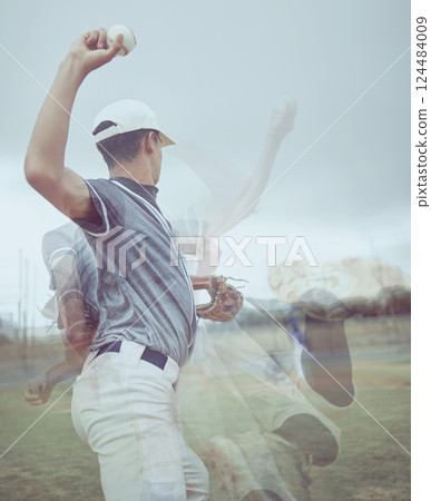 Man, baseball and double exposure, baseball player and sport, skill and ball, pitch on baseball field for game. Sports club, young athlete and exercise, fitness and professional ability. 124484009