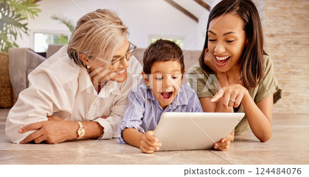 Tablet, e learning and wow of child with grandmother for online education, internet games or website teaching. Senior woman and mom with support, love and helping kindergarten kid on technology app Tablet, e learning and wow of child with grandmother for online education, internet games or website teaching. Senior woman and mom with support, love and helping kindergarten kid on technology app 124484076