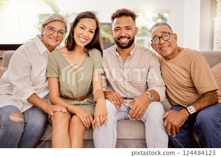 Black family, happy and home living room couch of people together with elderly people. Portrait of a woman, man and senior parents on a house lounge sofa with happiness and love sitting on a chair 124484123