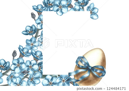 A frame of forget-me-nots and Easter eggs. A hand-drawn watercolor illustration. Blue floral pattern. For greeting cards and Easter invitations. For packaging, labels and posters. A frame of forget-me-nots and Easter eggs. A hand-drawn watercolor illustration. Blue floral pattern. For greeting cards and Easter invitations. For packaging, labels and posters. 124484171