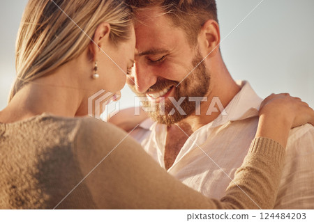Love, smile and couple forehead touch outdoors on holiday, vacation or summer trip. Romance, affection and happy man and woman bonding, loving and care while spending quality time together outside. Love, smile and couple forehead touch outdoors on holiday, vacation or summer trip. Romance, affection and happy man and woman bonding, loving and care while spending quality time together outside. 124484203