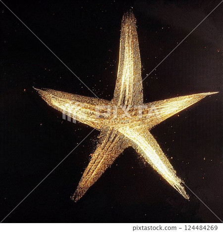 Hand drawn painted star with brush smear strokes glittering textured gold paint on black background. JPG. This is AI-generated item 124484269