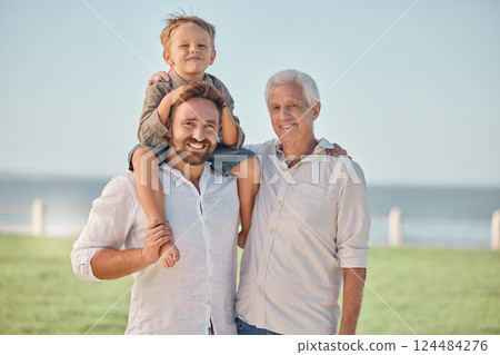 Grandfather, boy and portrait with father at park carrying kid or piggy back outdoors on vacation, summer holiday or trip. Love, support and happy man, child and grandpa bonding, care and having fun. Grandfather, boy and portrait with father at park carrying kid or piggy back outdoors on vacation, summer holiday or trip. Love, support and happy man, child and grandpa bonding, care and having fun. 124484276