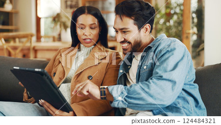 Home, sofa and couple with tablet for choice, streaming movies and bonding in healthy relationship. Happy people, man and woman with digital to select video, love and film website on couch in house 124484321