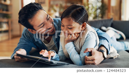 Sofa, hug and father with child for tablet, streaming games and bonding together with technology. Home, dad and love with happy girl for digital, entertainment and website with support in living room 124484323