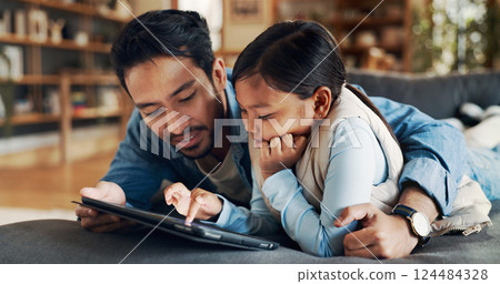 Home, hug and father with child for tablet, streaming games and bonding together with technology. Sofa, dad and love with girl for digital fun, entertainment and website with support in living room Home, hug and father with child for tablet, streaming games and bonding together with technology. Sofa, dad and love with girl for digital fun, entertainment and website with support in living room 124484328
