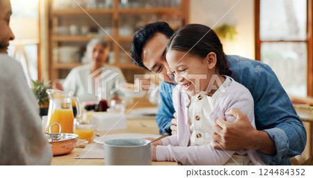 Family, food and father with child at dinner for healthy meal, bonding together and relationship. Love, home and happy people in dining room for lunch, nutrition and relax with conversation and care Family, food and father with child at dinner for healthy meal, bonding together and relationship. Love, home and happy people in dining room for lunch, nutrition and relax with conversation and care 124484352