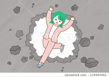 一名穿著西裝的女子突破混凝土牆的插圖。衝破牆壁的圖片 124484483