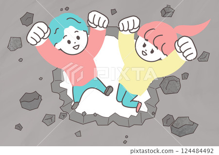 一名年輕男子和一名女子突破混凝土牆的插圖。打破牆壁的圖片 一名年輕男子和一名女子突破混凝土牆的插圖。打破牆壁的圖片 124484492