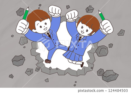高中學生跳過混凝土牆的插圖。打破牆壁的圖像。 高中學生跳過混凝土牆的插圖。打破牆壁的圖像。 124484503