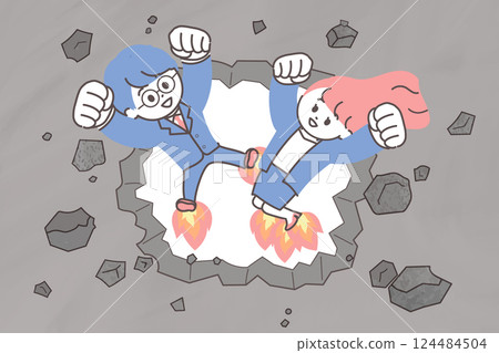 Illustration of a man and woman breaking a concrete wall and climbing up a ladder - simple and cute illustration Illustration of a man and woman breaking a concrete wall and climbing up a ladder - simple and cute illustration 124484504