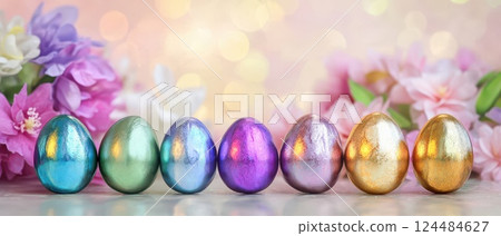 Colorful Easter eggs displayed with flowers 124484627