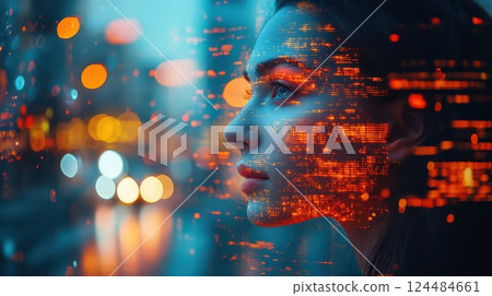 Night city reflection of a glowing woman Night city reflection of a glowing woman 124484661