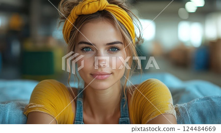 Young woman smiling in bright casual attire 124484669