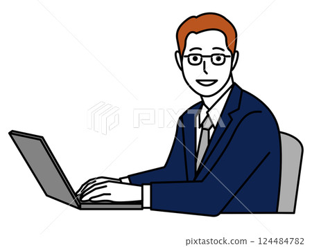 A man operating a computer, seen from the side with his face facing forward A man operating a computer, seen from the side with his face facing forward 124484782