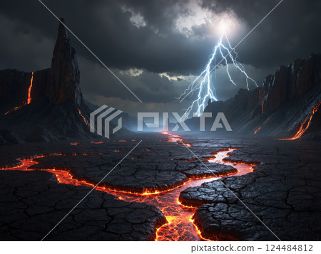 帶有火山和熔岩的外星行星圖像 AI 生成的圖像 帶有火山和熔岩的外星行星圖像 AI 生成的圖像 124484812