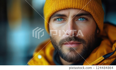 Young man in yellow beanie poses 124484864