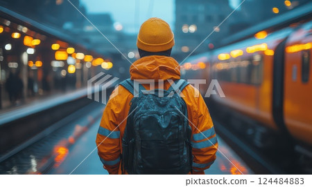 Awaiting the train at a bustling city station 124484883