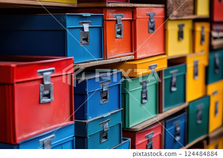 Colorful storage boxes arranged on wooden shelves 124484884
