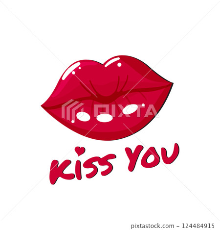 Red Lips Sticker with Kiss You Text Isolated on White Background Red Lips Sticker with Kiss You Text Isolated on White Background 124484915