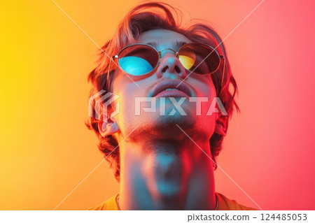 Young man poses with colorful lighting and glasses Young man poses with colorful lighting and glasses 124485053