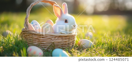White rabbit beside colorful eggs in a basket 124485071